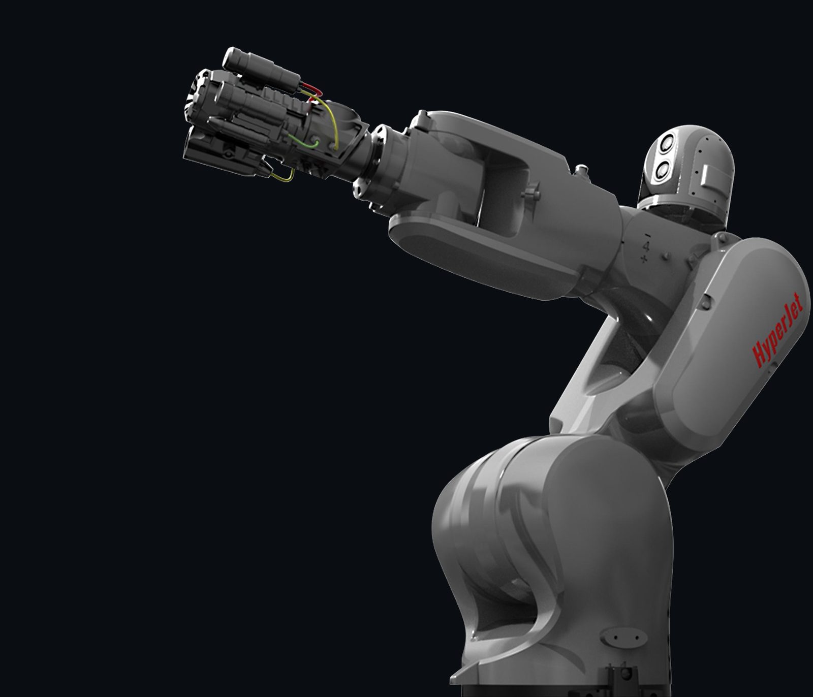 HyperJet nozzle module and sensor head on an articulated turret, 3D render