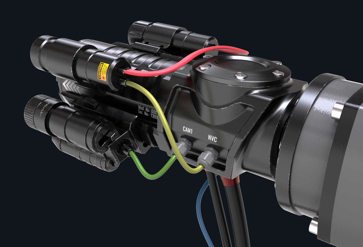 HyperJet nozzle module with aiming sensors and high-pressure connections, 3D render