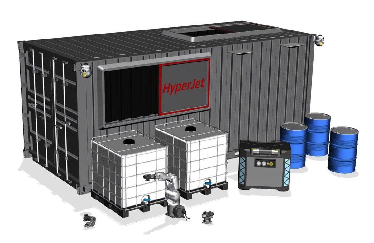 Containerised HyperJet pump station with fluid containers, power unit and turrets, 3D render